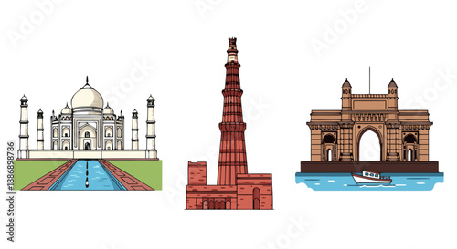 Iconic Indian architectural landmarks including Taj Mahal Qutub Minar and Gateway of India displayed together