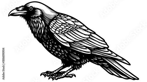 Black and white illustration of a raven with intricate feather details