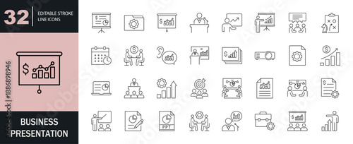 Business presentation icon set. Editable line icons. Vector illustration.