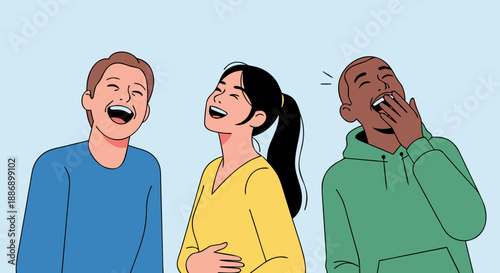 Diverse group of friends laughing heartily together in joyous shared moment illustration