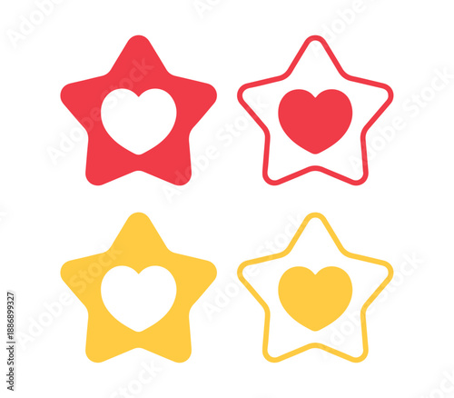 Heart in star shape icons set, flat red and yellow love rating vector illustration