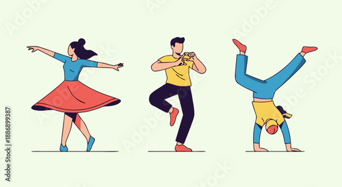 Diverse group of people performing various dynamic dance and acrobatic movements together