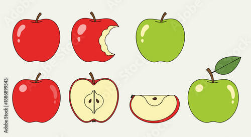 Collection of various stylized red and green apple illustrations showing different preparations and states of fruit