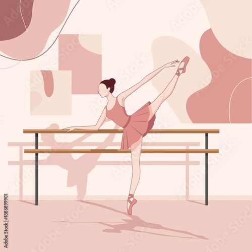 Ballerina in Pink Tutu Pose at Ballet Barre Studio Interior Pastel Background Art.png