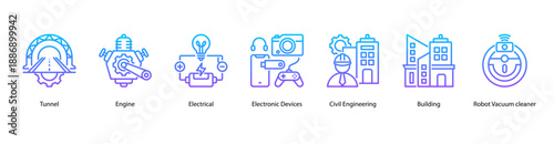 Applied Engineering Technology web banner icon vector illustration featuring Tunnel, Engine, Electrical, Electronic Devices, Civil Engineering, Building, and Robot Vacuum Cleaner.