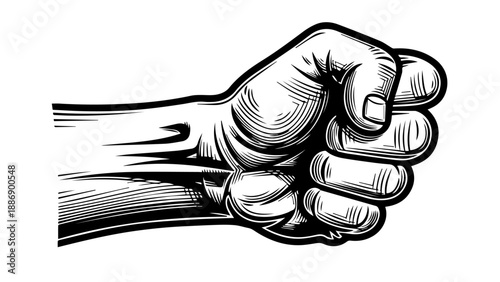 Black and white illustration of a clenched fist with forearm, emphasizing strength and determination