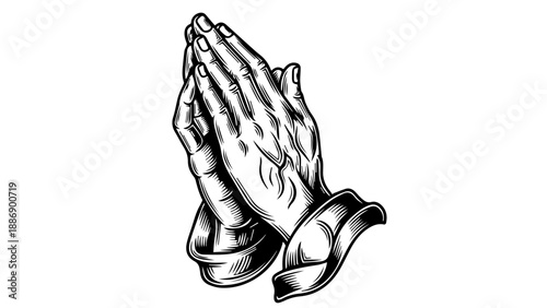 Black and white illustration of hands in a prayerful pose with interlaced fingers