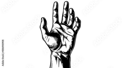 Black and white illustration of a single human hand with fingers extended and palm angled to the left