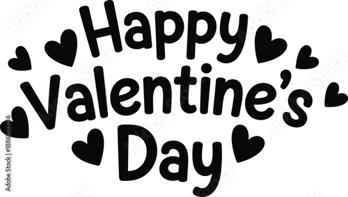 Happy Valentine’s Day lettering with hearts, black typographic design for holiday cards, romantic greeting text, minimalist flat vector illustration isolated on white