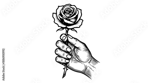 Black and white illustration of a hand holding a single rose with a minimalist design