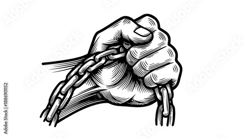 Two hands breaking a chain in a high-contrast black-and-white illustration