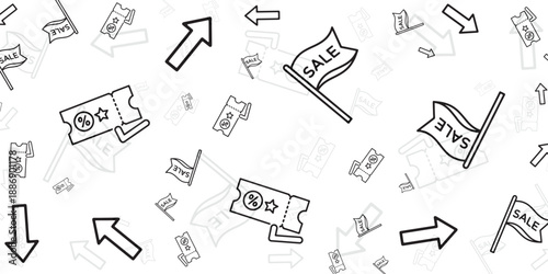 Seamless pattern of sale signs and tickets with arrows on a white background