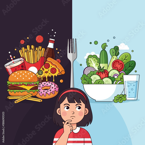 Girl Deciding Between Healthy Salad and Unhealthy Fast Food Choices Cartoon Illustration.png