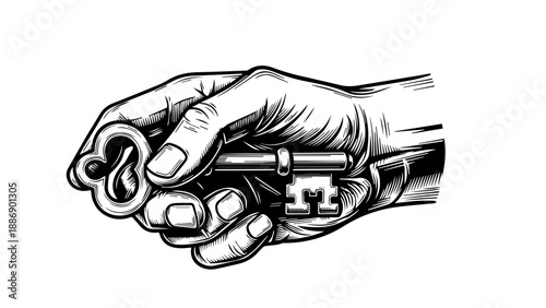 Hand holding a vintage key in a black and white illustration