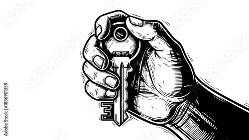 Close-up of a male hand gripping a key in a high-contrast black-and-white illustration