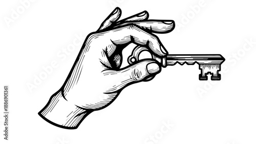 Close-up of a hand gripping a traditional key in black and white illustration