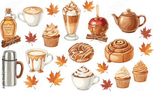 Autumn Treats and Cafe Set with Maple Syrup Coffee Latte Cupcakes Cinnamon Roll and Fall Leaves for Seasonal Menu Vector Illustration