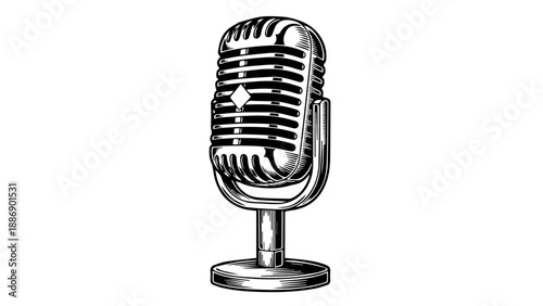 Vintage black and white microphone illustration with diamond grille and concentric rings