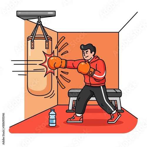 Man Punching Boxing Bag in Gym Cartoon Illustration Fitness Training Exercise.png