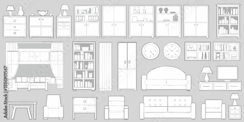 A collection of furniture outlines cabinets sofas chairs and decorative items