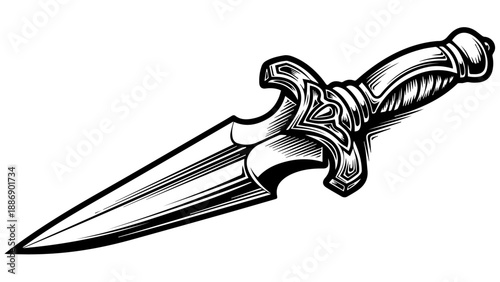 High-contrast black-and-white illustration of a detailed dagger with a diagonal orientation