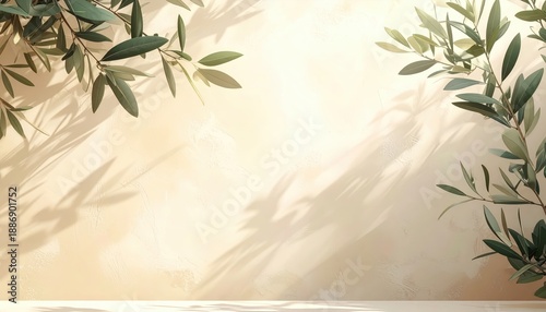 Olive branches create soft shadows on a beige wall, offering a tranquil and natural backdrop ideal for various design projects.