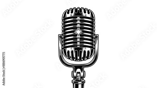 Vintage microphone illustration with detailed mesh head and sturdy base