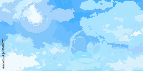 A vibrant blue sky with fluffy white clouds and a subtle ring design