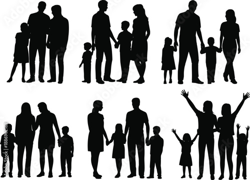 Family silhouettes collection showing parents and children standing together holding hands expressing love unity care and togetherness isolated on white background