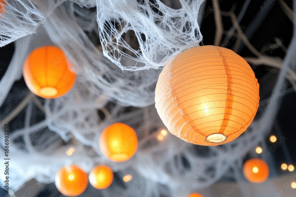 Obraz premium Enchanting orange lanterns on mystical tree branches with soft blue background