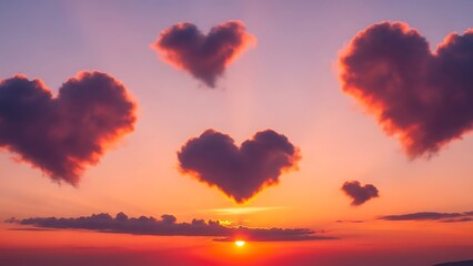 Leinwandbilder Purpur Multiple Heart Shaped Clouds Floating in a Romantic Sunset Sky   © Maker