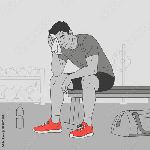 Sweaty Man Post Workout Recovery Towel Gym Dumbbells Black Shorts Red Shoes Water Bottle Gym Bag.png