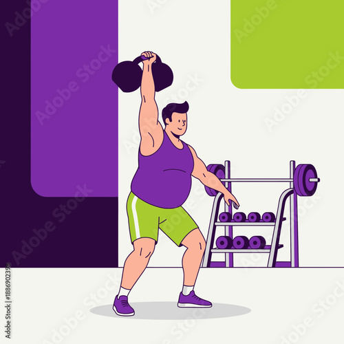 Strong Man Lifting Weights Cheerful Gym Session Overweight Man Exercising With Purple Tank Top Green Shorts Dumbbell Wor.png