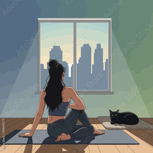 Woman Doing Yoga With Cat Looking at City Skyline From Window.png