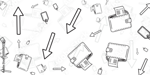 Digital wallet and shopping tags floating with arrows indicating ups and downs
