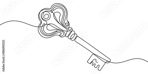 One Line Drawing of a Key, continuous line minimalist vector, isolated home key illustration, simple outline, modern design, security, access concept.