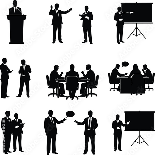 Business professionals engaging in presentations and discussions in a meeting room setting viewed from various angles