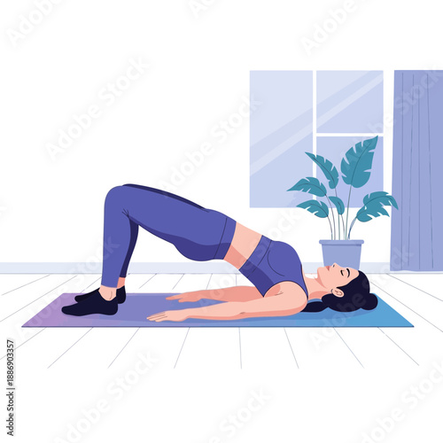 Yoga Pose Woman in Bridge Pose Wearing Purple Workout Top on Blue Mat Home Interior Plant Window.png