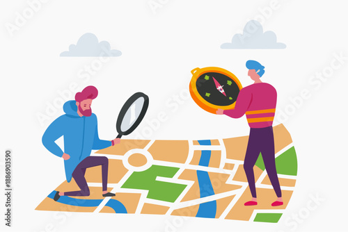 Two people analyzing map with compass and magnifier
