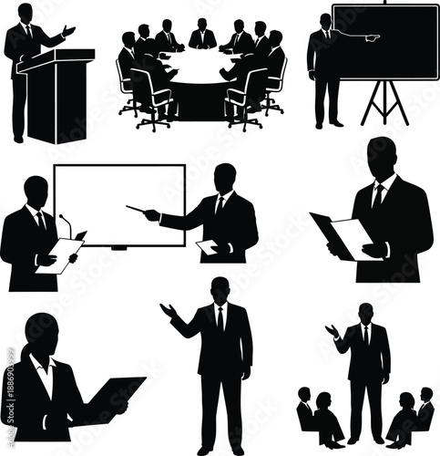 Business professionals engaged in various presentations and discussions in a corporate environment