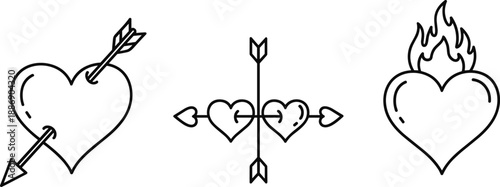Stylized heart illustrations with arrow and flame, romantic love symbols, passion, Valentine’s Day, black vector icons, emotional design