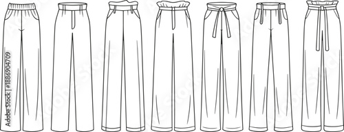 Array of high-waisted palazzo pants and wide-leg trousers with diverse waistband details like ruffles, ties, and belts in line