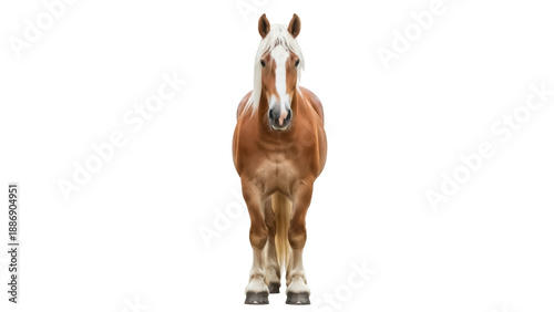 Isolated brown horse with blonde mane on background, standing front view full body