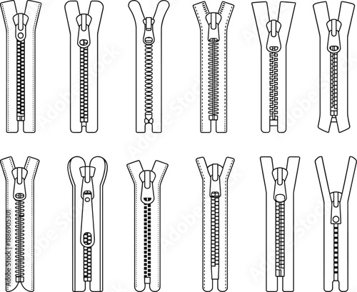 Collection of various zipper types and styles illustrated in a clean line showcasing different fastening mechanisms and pull tabs