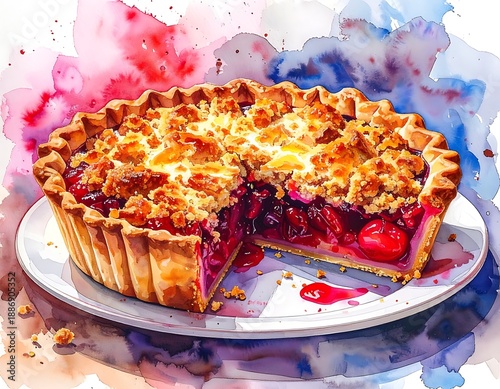 A watercolor illustration of a sliced cherry pie, resting on a plate, with a colorful splash background