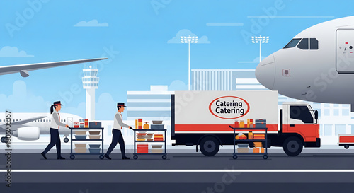 Airport catering ground staff efficiently transport fresh meals and provisions to an aircraft, highlighting essential aviation logistics and in-flight service preparation
