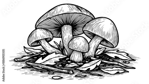 Black and white illustration of mushrooms emerging from a bed of leaves and twigs on a forest floor