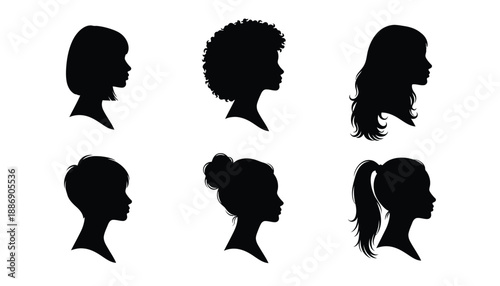 Six distinct black silhouettes representing diverse young girls' hairstyles are displayed against a white background.