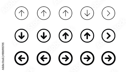 A grid of circular navigation buttons displays arrows indicating up, down, left, and right movements in three distinct styles: thin outline, filled, and bold outline.