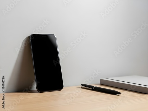 Wallpaper Mural Minimalist desk scene featuring a smartphone and pen, casting shadows against a plain wall, conveying focus and productivity Torontodigital.ca